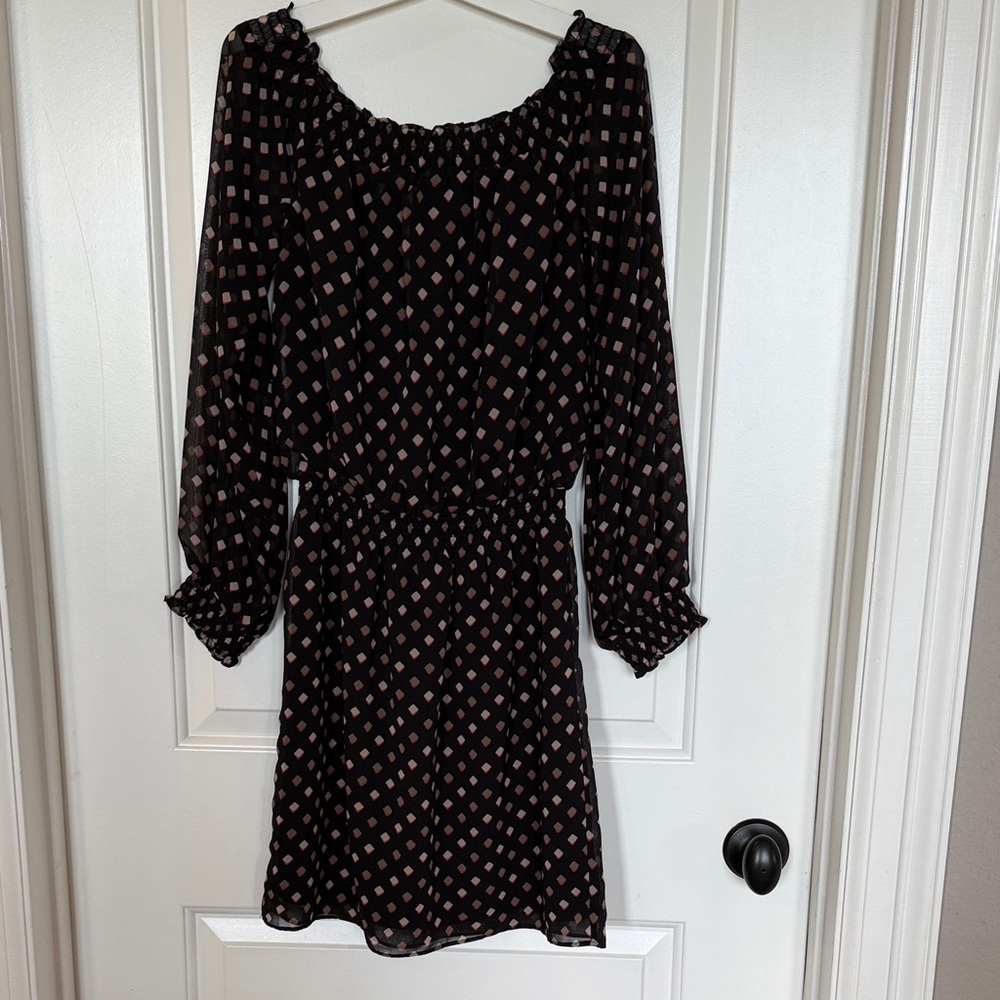 White House Black Market Black Off Shoulder Dress with Blush Diamond Print